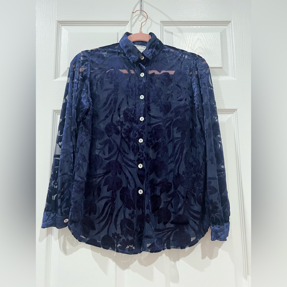 Dressing Clio Women's Top Size PS Navy Blue Velvet Burnout Button Up